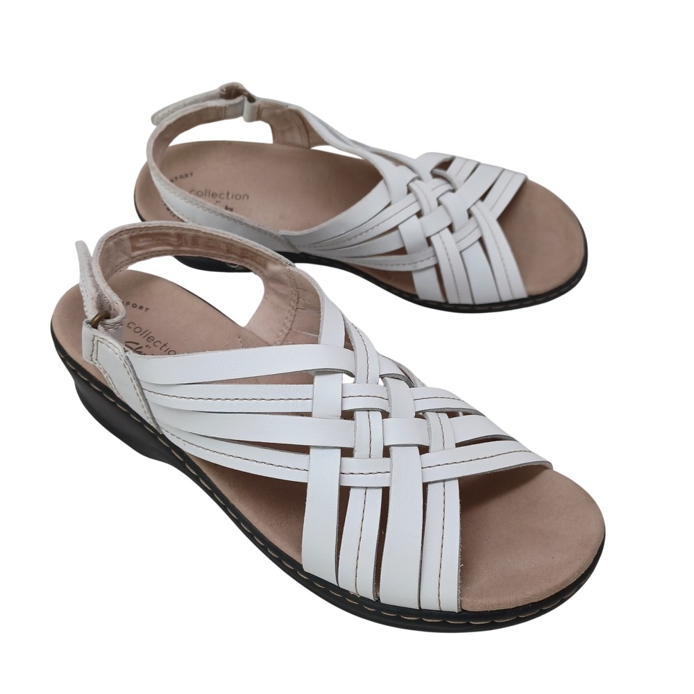 Clarks Collection White Strappy Woven Wedge Sandals Ultimate Comfort 8.5 M